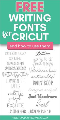 Collection of free Cricut fonts used for writing projects. Text overlay reads "Free Writing Fonts for Cricut" Free Cricket Fonts, Cricut Handwriting Fonts, Best Fonts For Writing With Cricut, Free Cursive Cricut Fonts, Cricut Joy Fonts, Writing Fonts For Cricut Free, Best Writing Fonts For Cricut, Writing With Cricut Maker, Free Cricut Fonts Downloads Svg