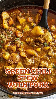 Green Chili Stew With Pork in a big skillet Pork And Green Chili, Chili Stew Recipe, Green Chili Pork Stew, Green Chili Stew, Chili Stew, Green Chili Pork, Green Chile Stew, Green Chili Recipes, Pork Stew