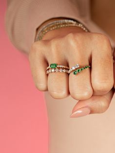 This is your classic diamond band with a BIG pop of color! We are obsessed with this emerald baguette set in the center of the band. You can add this to any ring stack or wear on it's own! Please email hello@shoplemel for different stone color options. Diamond Wrap Ring, Round Diamond Setting, Fancy Stones, Everyday Luxury, Ring Stack, Heart Shaped Diamond, Initial Jewelry, Pear Diamond, Wrap Rings