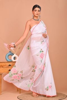 Saree Handpainted Saree for Wedding Gift Saree White Saree for Party Wear Saree Floral Print Saree Gift for Bride Organza Saree for Her - Etsy Saree For Party Wear, Saree For Party, Saree White, Floral Print Saree, Saree For Wedding, Floral Print Sarees, Saree Floral, Print Saree, White Saree