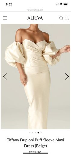 a woman in a white dress with her hands on her hip and the words, tiffany dupponi puff sleeve maxi dress