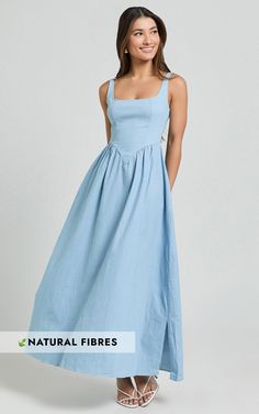 Rhaziya Midi Dress - Sleeveless Straight Neck Fit and Flare Dress in Blue | Showpo USA Blue A-line Maxi Dress With Fitted Bodice, Summer Sleeveless A-line Dress With Fitted Bodice, A-line Maxi Dress With Fitted Bodice For Brunch, Brunch Maxi Dress With Fitted Bodice A-line, Blue A-line Maxi Dress For Date Night, Summer A-line Sleeveless Dress With Fitted Bodice, Sleeveless Sundress With Fitted Bodice For Brunch, Fitted Bodice Sleeveless Sundress For Brunch, Sleeveless Fit And Flare Sundress For Brunch