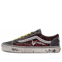 The Vans Stranger Things x Style 36 'Hellfire Club' is a rebellious sneaker with a classic silhouette. Featuring a black and red checkerboard pattern and canvas upper, it is detailed with skull, axe and dragon throw star motifs. The perfect distressed sole and laces add to its edgy personality. Inspired by the fourth season of Stranger Things, this sneaker is perfect for everyday wear and activities like skateboarding. The 'Hellfire Club' is a must-have for any Stranger Things fan. (SNKR/Skate/Unisex/Low Top/Non-Slip/Crossover/Wear-resistant) Vans Skate Shoes With Boost Midsole For Streetwear, Urban Black Vans Custom Sneakers, Edgy Sneakers With Vulcanized Sole For Streetwear, Black Sneakers With Red Sole For Skateboarding, Black Edgy Sneakers For Sports, Edgy Low-top Sneakers For Streetwear, Custom Red Sole Lace-up Sneakers For Skateboarding, Red Skate Shoes For Streetwear, Edgy Sneakers With Contrast Sole For Streetwear