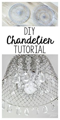 two glass chandeliers with the words diy chandelier on top and bottom