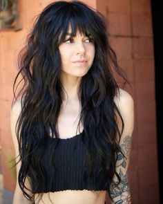 Long Emo Hair Choppy Layers, Modern Vintage Makeup, Shag Haircut With Extensions, Long Black Shag Haircut, Long Hair Shaggy Bangs, Shag Extensions, Scene Haircuts Long, Dark Edgy Hair, Bangs With Shag