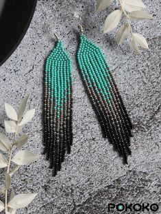 Turquoise beaded earrings Seed bead earrings Fringe beadwork | Etsy Gray Chandelier, Turquoise Bead Earrings, Earring Long, Native Beading, Earrings Tassel, Beadwork Earrings, Beaded Chandelier Earrings, Beadwork Tutorial, Beading Inspiration