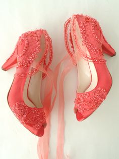 "Coral embellished lace wedding shoes for bride, custom heel heights and shoe styles available. Perfect beach wedding shoes, ideal for destination weddings or elegant receptions. Great wedding gift, bridesmaids gift, engagement gift. Coral satin bridal shoes are designed with embroidered lace. Coral beads and shiny sequins are used on the embroidery. Organza ribbons tie on the front. They are made of soft smooth satin and delicate lace, each handmade item is unique and can differ in details only Wedding Heels With Pearl Embroidery And Open Toe, Pink Embellished Heels For Wedding, Embellished Lace Wedding Shoes, Pink Low Heel Wedding Shoes, Embellished Closed-toe Wedding Shoes, Lace-up Pink Wedding Shoes, Embellished High Heel Wedding Shoes For Reception, Pink Closed Toe Wedding Shoes, Embellished Round Toe Wedding Shoes For Ceremony