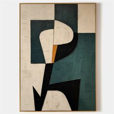 an abstract painting with black, white and green shapes on it's sides in a gold frame