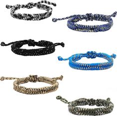 four different types of bracelets are shown in various colors and sizes, including blue, black