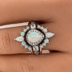 Opal Engagement Ring Set, 3 Ring Set Art Deco Fitted Opal Ring Set, Opal Bridal Set, Wedding Ring Opal Band, Bridal Set - Etsy Wedding Ring Opal, Western Wedding Rings, Opal Engagement Ring Set, Ring Inspiration, Cute Engagement Rings, Opal Engagement Ring, Opal Band, Future Engagement Rings, Opal Wedding Rings