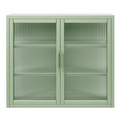 a green metal cabinet with glass doors