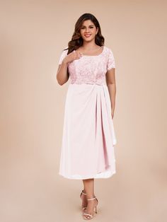 Expertly crafted for the mother of the bride, this A-line dress features a delicate lace bodice and elegant ruching that flatters all body types. Short sleeves add a touch of modesty while still keeping you comfortable. Perfect for any special occasion, this dress will make you feel confident and beautiful.    Attention!     The sleeves are see-through and unlined. (Refer to the picture below) Short Sleeves Dress, Lace Chiffon, A Line Shorts, Sleeves Dress, Mother Of The Bride Dress, Break In, Chiffon Skirt, Lace Bodice, Tea Length