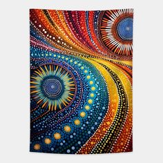 an abstract painting with colorful circles and dots on it's wall hanging in front of a white background