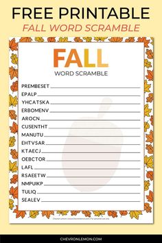 FREE PRINTABLE FALL WORD SCRAMBLE Fall Word Scramble, Fall Party Games, Autumn Puzzle, Fall Worksheets, Metric Conversion Chart, November Activities