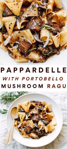 pasta with mushrooms and herbs in a white bowl on top of a table next to a plate