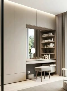 a bedroom with a large mirror and dressing table next to a window that has curtains on the windowsill