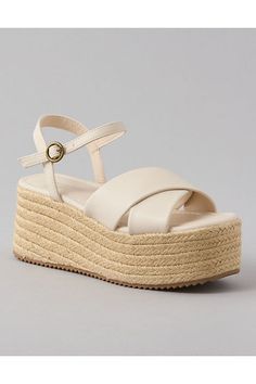 Vegan leather upper/Adjustable ankle strap with buckle closure/Jute trim along the sole/Rubber outsole New Sandal, American Eagle Shoes, White Jeans Men, Belt Jewelry, Shoes Heels Wedges, Shoe Gifts, Heels & Wedges, Shoes With Jeans, Women Denim Jeans