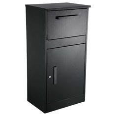 a black mailbox with a door on the front and bottom panel is shown in this image