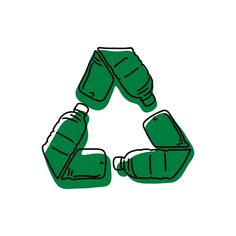 three green plastic bottles in the shape of a recycling symbol