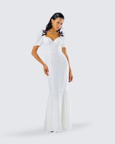 Be everything they’ve ever dreamed of in this classy white dress ☁️ Made from crepe fabric and complete with puff sleeves, this statement piece will have everyone falling in love with more than just the thought of you 🤍 Elegant White Puff Sleeve Evening Dress, White Puff Sleeve Dress With Ruffles For Evening, Fitted Puff Sleeve Dress With Ruffles For Wedding, Elegant White Puff Sleeve Dress, Elegant Fitted Puff Sleeve Dress For Wedding, Evening Puff Sleeve Dress With Sweetheart Neckline, White Fitted Puff Sleeve Dress With Sweetheart Neckline, White Puff Sleeve Dress For Weddings, White Puff Sleeve Dress With Ruffles For Wedding