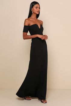 We are loving the minimal yet glam details of the Lulus Lynne Black Off-the-Shoulder Maxi Dress! This stunner is shaped from a medium-weight crepe knit. Short, off-the-shoulder sleeves meet the strapless neckline with no-slip strips, and a sultry, hidden V-bar. Fitted waist meets the full-length, figure flaunting, maxi skirt with a flaring mermaid hem. Hidden back zipper/clasp. Fit: This garment fits true to size. Length: Floor length. Size medium measures 55.5" from shoulder to hem. Bust: Works Chic Fitted Off Shoulder Maxi Dress, Fitted Off-shoulder Maxi Cocktail Dress, Cocktail Off-shoulder Maxi Dress, Cocktail Maxi Off Shoulder Fitted Dress, Fitted Off Shoulder Maxi Dress For Cocktail, Fitted Maxi Length Off Shoulder Cocktail Dress, Elegant Fitted Maxi Off Shoulder Dress, Elegant Off Shoulder Fitted Maxi Dress, Chic Off-shoulder Maxi Dress For Gala