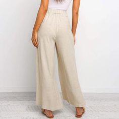 Split Striped Lady Wide Leg Pants White Non-stretch Pants, White Non-stretch Wide-leg Pants, Solid Color Wide Leg Linen Pants, Wide Leg Solid Color Linen Pants, Wide Leg Linen Pants Solid Color, Linen Wide-leg Pants In Solid Color, Loosely Fitted Beige Pants With Elastic Waistband, Solid Color Linen Wide-leg Pants, Beige Baggy High-waisted Pants