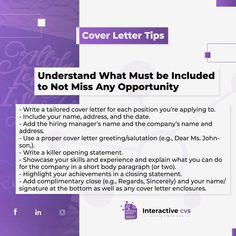 the cover letter tips page for an email application with purple background and white letters on it