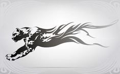 a black and white cheetah running through the air with flames on it's tail