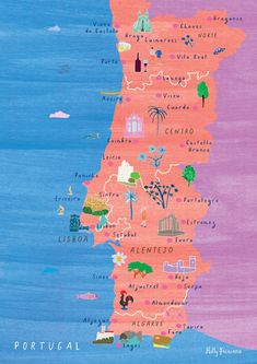 an illustrated map of portugal with all the major cities and towns in pink, blue, purple, and green