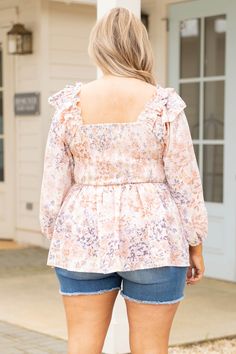 Everything will be just peachy when you wear this amazing top! This cutie has a super flattering smocked bodice with adorable ruffles on the shoulders! The floral pattern is so stunning and the peach color is neutral enough to pair with all of your faves! Style this with jean shorts and sandals for a super cute look! 100% Polyester Feminine Fall Smocked Top With Floral Print, Feminine Floral Smocked Top For Fall, Flowy Smocked Top With Square Neck For Spring, Flowy Square Neck Smocked Top For Spring, Spring Square Neck Flowy Smocked Top, Spring Feminine Peasant Top With Square Neck, Feminine Square Neck Peasant Top For Spring, Feminine Ruffled Peasant Top With Square Neck, Feminine Fall Smocked Top With Smocked Back