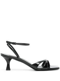 black calf leather patent finish cut-out detailing square open toe wraparound style buckle-fastening ankle strap branded footbed low heel This piece comes complete with a protective dust bag. Sleek Patent Leather Sandals With Glossy Finish, Glossy Finish Ankle Strap Sandals For Evening, Glossy Ankle Strap Sandals For Evening, Sleek Glossy Patent Leather Sandals, Modern Sandals With Glossy Finish And Open Heel, Strappy Patent Leather Evening Sandals, Modern Glossy Finish Open Heel Sandals, Modern Patent Leather Sandals With Ankle Strap, Black Glossy Patent Leather Sandals