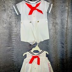 C. I. Castro White Sailors Romper & Dress. Sz 3 Mo. Infant/Baby/Twins New ~ Vintage Designer Baby Pictured Wearing C.I. Castro 30 Years Ago! Cotton Bubble Romper With Short Sleeves For Baptism, White Cotton Dress With Matching Set, White Short Sleeve Bubble Romper For Baptism, Summer Cotton Sets For Dress-up, Cotton Summer Dress-up Sets, Summer Cotton Dress-up Sets, White Cotton Matching Outfits Set, White Cotton Matching Outfit Sets, White Sailor Cotton Dress