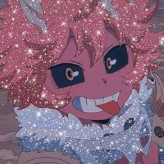 an anime character with pink hair and blue eyes, smiling at the camera while standing in front of snow flakes