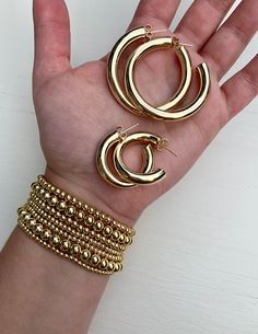 Metallic Stackables - Gold 4mm Gold 4mm Beaded Bracelets One size fits most. Hoop Earrings Large, Pearl Lariat Necklace, Gold Filled Hoops, Large Hoop Earrings, Stretchy Bracelets, Rose Gold Bracelet, Beaded Stretch Bracelet, Lariat Necklace, Bracelet Stack