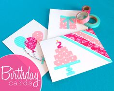 two birthday cards with pink and blue designs on them, one has a candle in the shape of a number