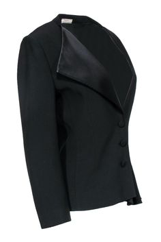 Elevate the classic blazer with this jacket from Bouchra Jarrar! An asymmetrical neckline and flounce add edge to this timeless piece. Perfect for bringing a unique twist to your professional style. Pair with slacks and pumps and you'll be best dressed at the office. Size 12 (EU 42) Shell: 55% Viscose, 45% Acetate Lining: 100% Silk Front button up closure Clasp at neckline Lined Flounce on left side of hem Asymmetrical neckline Shoulder padding Shoulder to shoulder 17" Bust 40" Waist 34" Sleeve Bouchra Jarrar, Professional Style, Asymmetrical Neckline, Classic Blazer, Buy Shoes Online, Professional Fashion, Best Dressed, Black Blazer, Touch Up