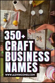 some people are sitting at a table with newspapers and cups on it that says 350 + craft business names