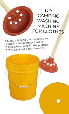 a yellow bucket with two mop heads and a red plunger next to it that says diy camping washing machine for clothes