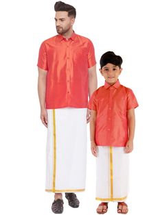 Vastramay Men's & Boys Red Solid Silk Blend Half Sleeve Ethnic Shirt And Mundu Set  The Vastramay Men's & Boys Red Solid Silk Blend Half Sleeve Ethnic Shirt And Mundu Set combines traditional charm with modern comfort, ideal for cultural events and celebrations.  Features of Vastramay Men's & Boys Red Solid Silk Blend Half Sleeve Ethnic Shirt And Mundu Set  Stylish red color for a vibrant appearance.  Made from a luxurious blend of silk and cotton for a soft and smooth feel.  Elegant design with Father Son Matching Outfits, Combo Dress, Half Sleeve Tops, Boys Wear, Mens Wear, Father Son, Cultural Events, Top Fabric, Father And Son