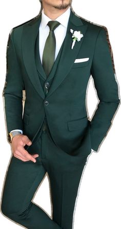 Professional Three-piece Suit With Single-breasted Design, Professional Three-piece Single Breasted Suit, Three-piece Suit With Single Button, Green Tuxedo With Notch Lapel, Green Tuxedo With Notch Lapel In Suiting Fabric, Green Notch Lapel Tuxedo In Suiting Fabric, Green Three-piece Suit With Notch Lapel And Slim Fit, Green Slim Fit Three-piece Suit With Notch Lapel, Green Tuxedo Blazer With Notch Lapel