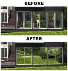 before and after photos of a house with glass doors on the outside, inside and out