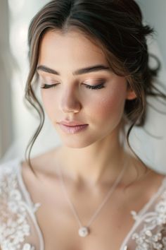 a woman wearing a necklace with pearls on it and her eyes closed to the side