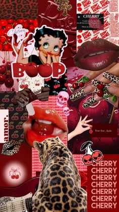 a collage of photos with red, black and white designs on them including an animal