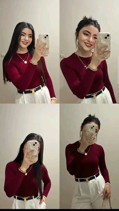 four pictures of a woman taking a selfie with her cell phone and wearing white pants