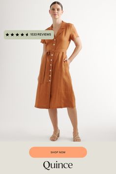 This midi linen dress should be in every wardrobe. Made from 100% organic linen and designed to be versatile, with elegant buttons down the front, and two pockets at the waist, and adjustable removable belt for the perfect fit.  | Quince | Women's Short Sleeve Dress in Terracotta, Size XL, Linen Casual Linen Workwear Dress With Button Closure, Fitted Linen Dress With Button Closure, Casual Linen Dress For Work With Button Closure, Fitted Linen Casual Dress With Button Closure, Fitted Casual Linen Dress With Button Closure, Casual Fitted Linen Dress With Button Closure, Relaxed Fit Linen Button-up Dress, Summer Midi Dress With Buttoned Pockets, Fitted Linen Button-up Midi Dress