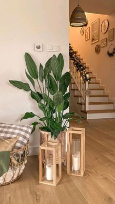 a living room filled with lots of furniture next to a stair case and potted plant