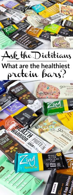 an assortment of different types of bar wrappers with text overlay that says ask the distintins what are the healthist protein bars?