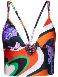 orange/multicolour stretch-design all-over graphic print V-neck heart motif crystal embellishment adjustable spaghetti straps square open back rear zip fastening cropped Crystal Dresses, Nyc Nightlife, Style Types, Heart Motif, City Dress, Tumblr Fashion, Demi Fine Jewelry, Iconic Bags, Summer Beach Wear