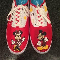 Please Read Carefully I Hand Paint Shoes! Comment Size (Women’s/Men’s/Child’s & Size) And Style (Laces/No Laces). The Ones You Will Receive Will Be Vans Brand! Discounts On More Than One Pair. These Shoes Feature Mickey And Minnie And Are Perfect For Any Disney Lover Or Trip To The Parks! They Are Painted With Fabric Safe Paint. If You Purchase This Design You Will Receive The Exact Layout Shown. Please Let Me Know If You Have Any Questions! I Can Most Characters/Designs Just Let Me Know! Paint Shoes, Shoes Disney, Disney Shoes, Hand Painted Shoes, Disney Lover, Mickey And Minnie, Hand Paint, Painted Shoes, Womens Vans