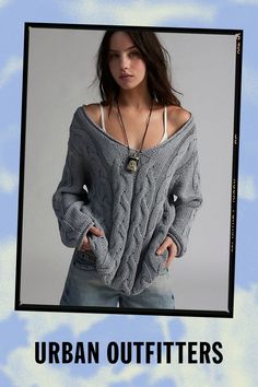 So cozy BDG sweater in an oversized silhouette. Designed in a cable knit front with a wide v-neckline and rolled-hem finishings. Only at Urban Outfitters. Features BDG Skylar oversized cable knit pullover sweater Slouchy wide neckline sweater Wide v-neckline with drop shoulders and long-sleeves Large-scale cable knit front and sleeves Rolled-edge detailing and hem Oversized fit Tunic length UO exclusive Content + Care 55% Recycled cotton, 45% recycled polyester Machine wash Imported Size + Fit Model in Ivory is 5’10" and wearing size Small Measurements taken from size Small Chest: 38" Length: 28" | BDG Skylar Oversized Cable Knit Sweater in Grey, Women's at Urban Outfitters Oversized Cable Knit Sweater, Fitted Tunic, Trendy Fall Outfits, Cable Knit Sweater, Knitted Pullover Sweaters, Long Sleeve Knit, Knitted Pullover, Cable Knit, Fashion Inspo Outfits